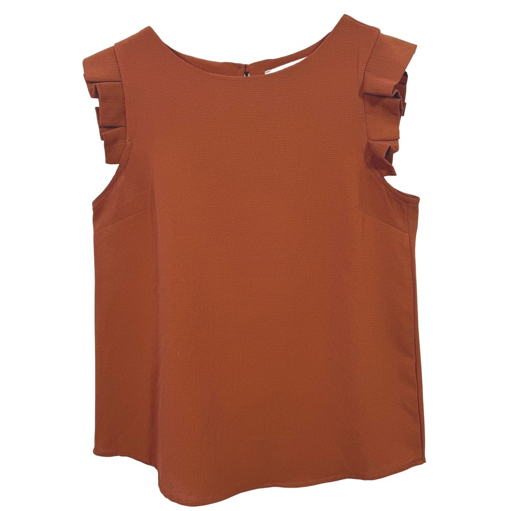 Monteau Ruffle Cap Sleeve Top XS Rust Orange Crepe Blouse Office Business Autumn